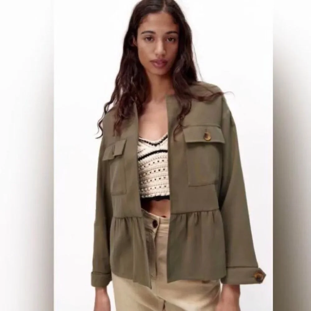 NWT ZARA Viscose Blend Ruffle Peplum Army Green Jacket Open Front 4968/068/M‎